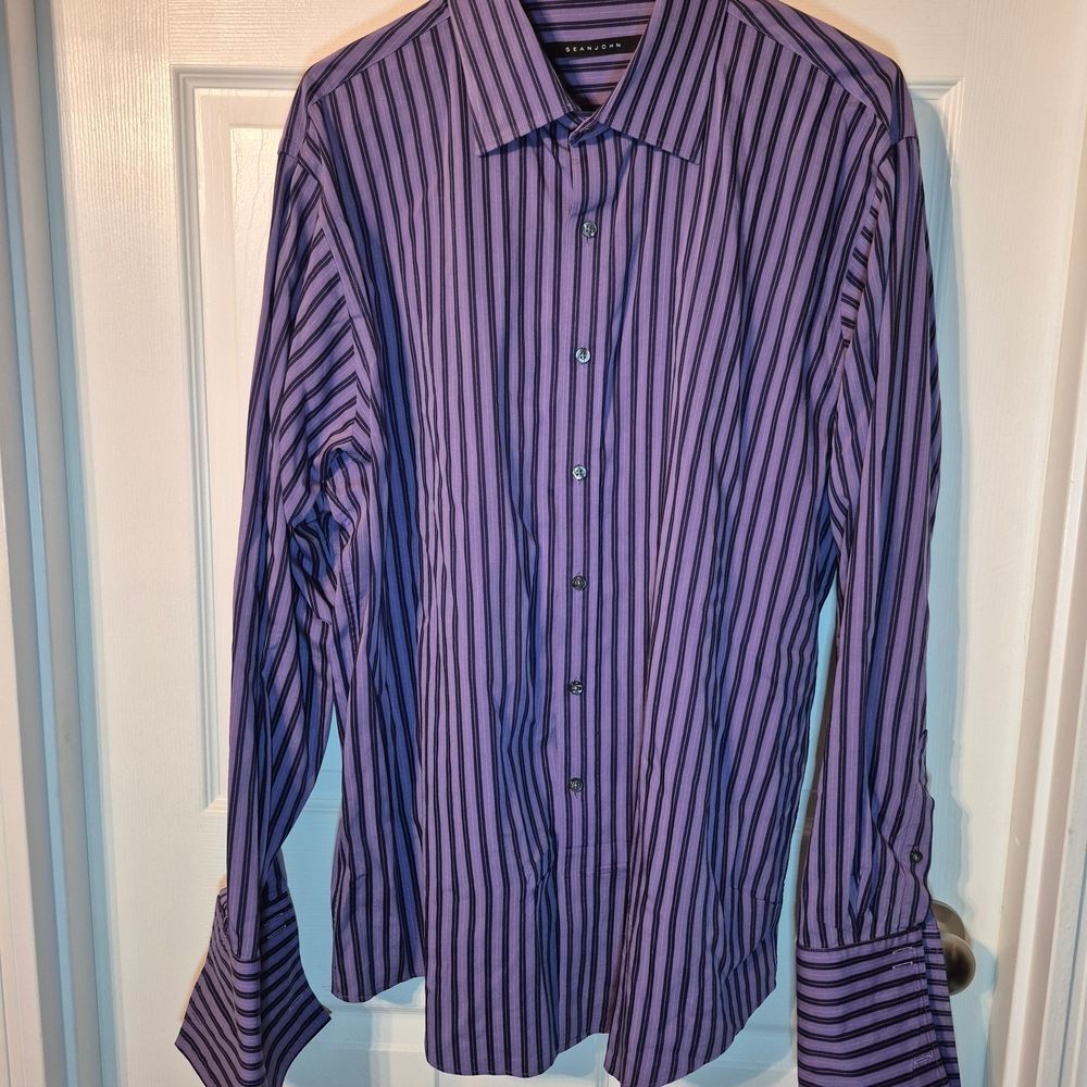 Stylish Sean John Purple and Blue Striped Button-Up Shirt - Size 34/35